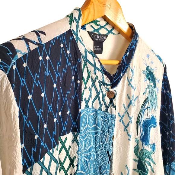 Citron Women's Silk Blue and White Patchwork Patterned Button-Up Shirt. O/S - Picture 2 of 13
